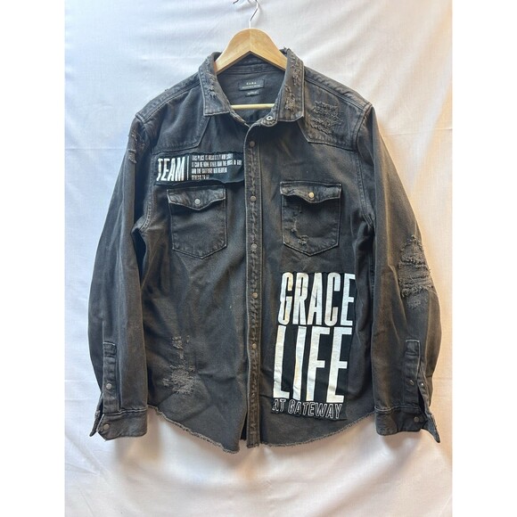Garage Other - Christian Battle Jacket Black Rock Jean Button Up Patches Jesus Mens XL Distress